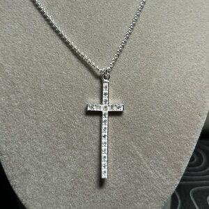 Stirling Silver Cross with Pave Crystals Pendant Necklace Cross 2” chain 17”